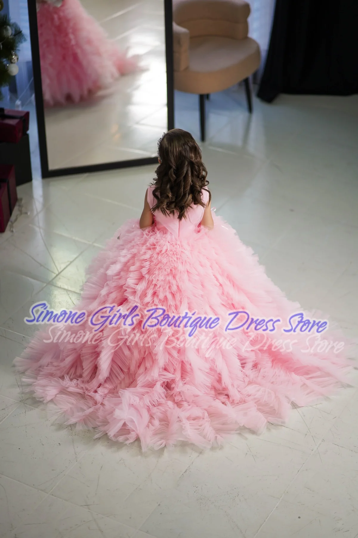 Vestido de fiesta con cuello en V, falda hinchada rosa con lazo, vestido de niña de flores para recepciones formales, celebraciones navideñas, actuaciones de baile, fiestas