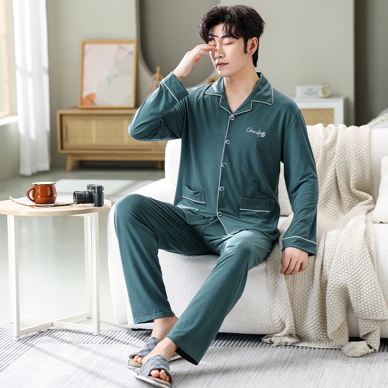 Men Lapel Cardigan Pajamas Set Modal Male Long-sleeved Autumn Winter Pyjamas Loose Men Home Set Solid Sleepwear Tops + Pants 2PC