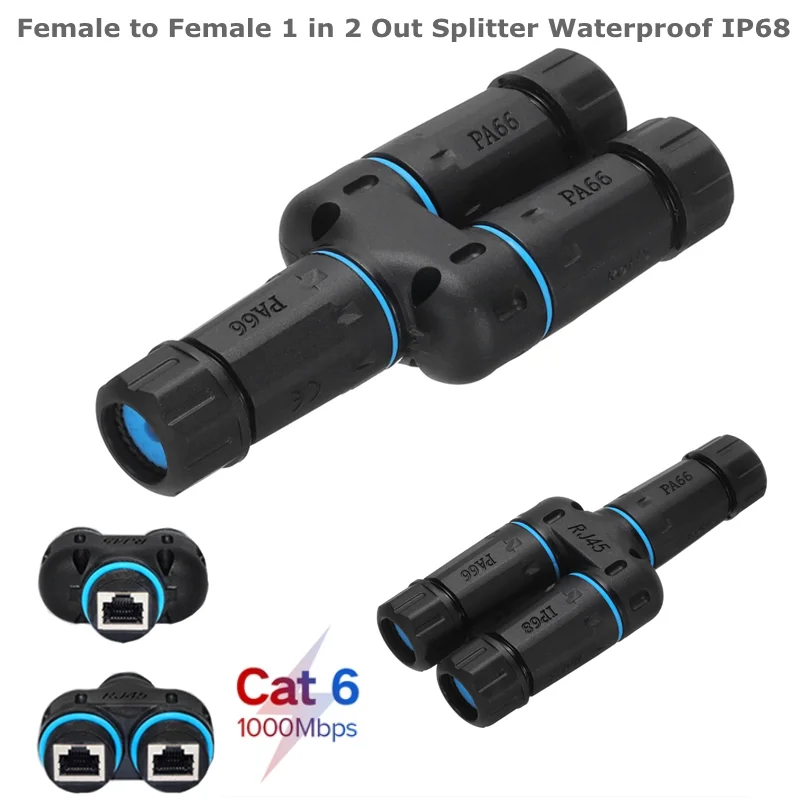 1PCS/ 1/2 3-Way RJ45 3 Female Head IP68 Waterproof RJ45 8P8C CAT6 Gigabit Ethernet Cable Connector 1 In 2 Out Splitter