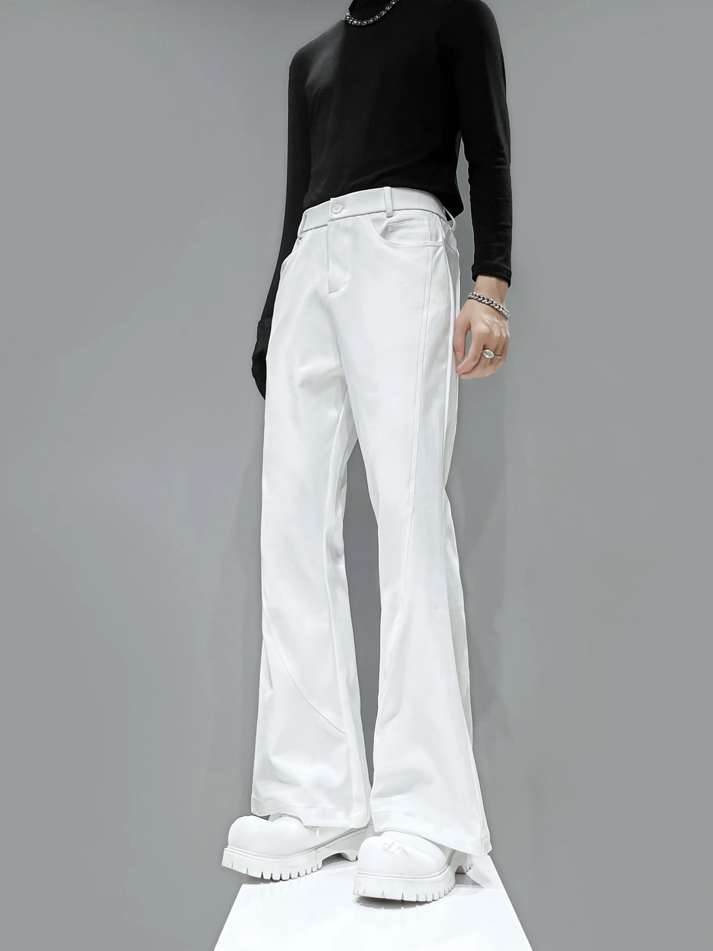 Pantalones de Traje Blancos Originales para Hombre, de Cintura Alta, Ajustados, de Pierna Recta, Estilo Campana, Básicos, Largos, Casuales, para Hombres Jóvenes