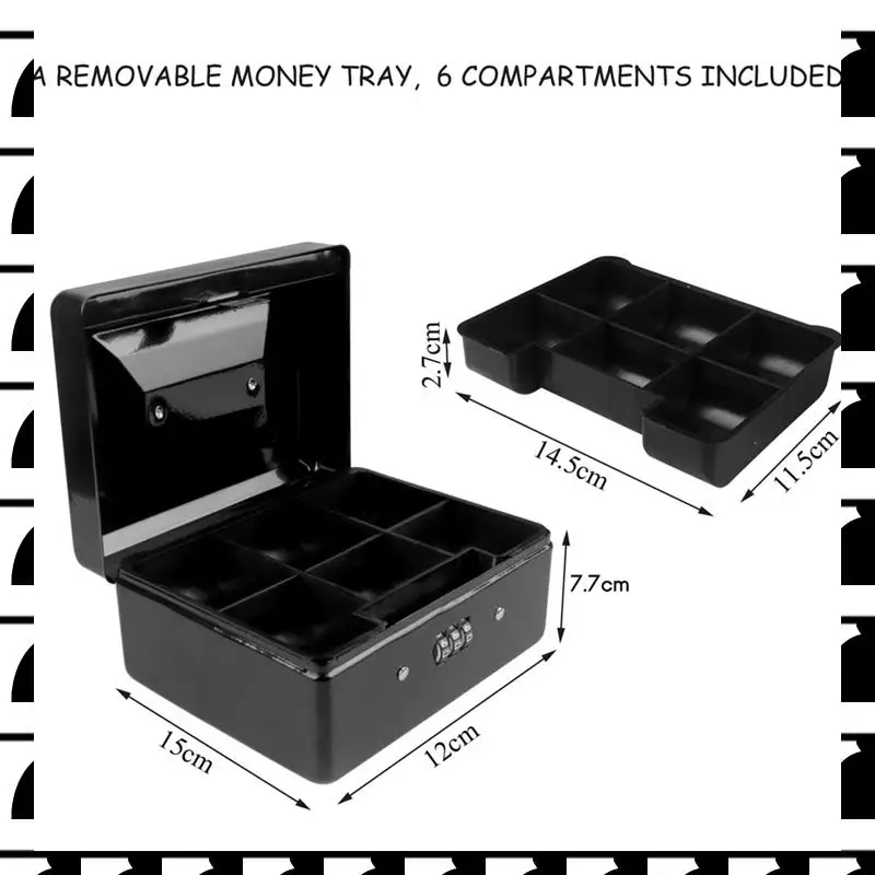 

A44U 3X Durable Metal Coin Box With Locking Storage Tray - Small Coin Box With Combination Lock 15 X 12 X 7.7Cm (Black)