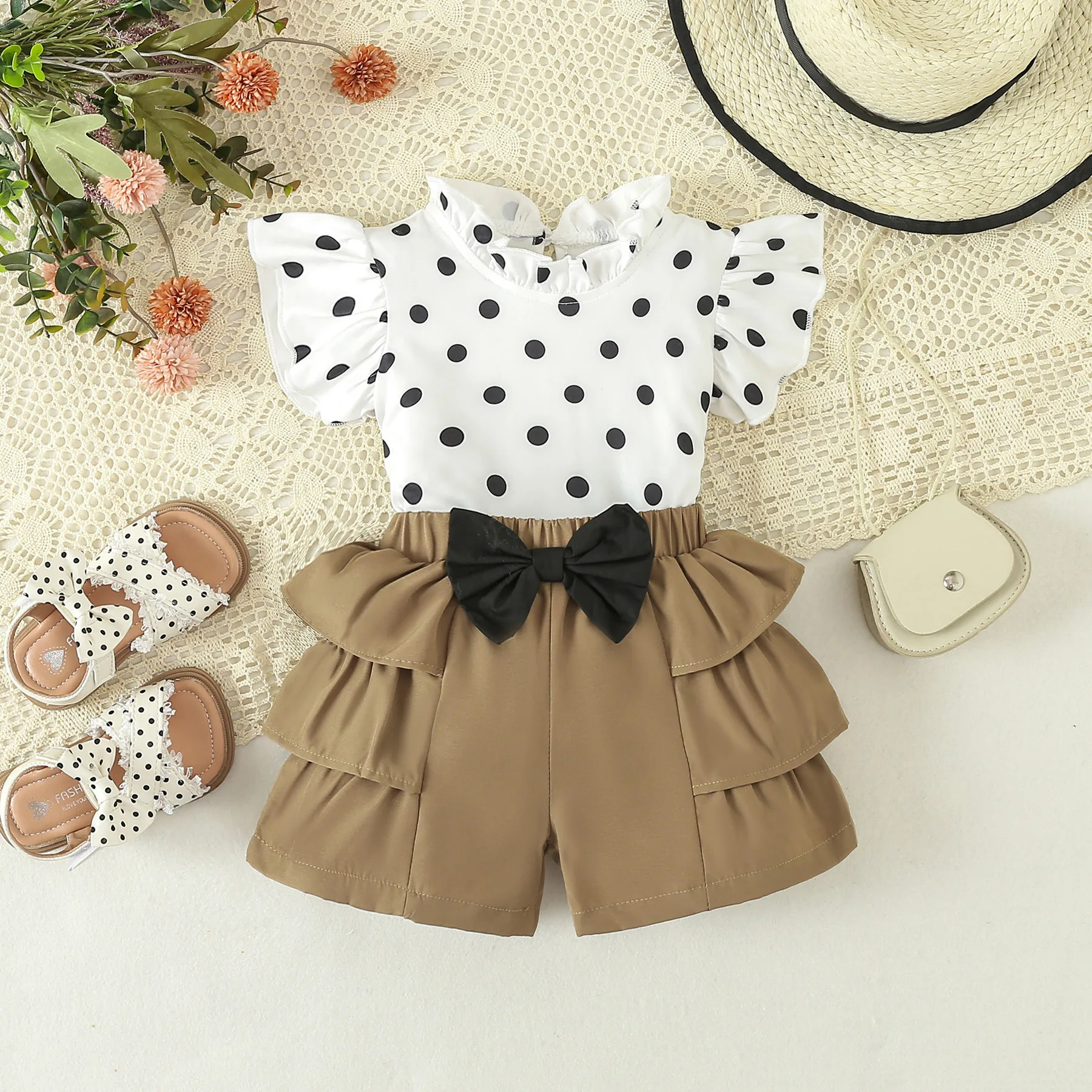 2Piece Sets Summer Luxury Girls Clothing Korean Fashion Dot Sleeveless Baby Tops+Cute Bow Shorts Kids Boutique Clothes BC2187