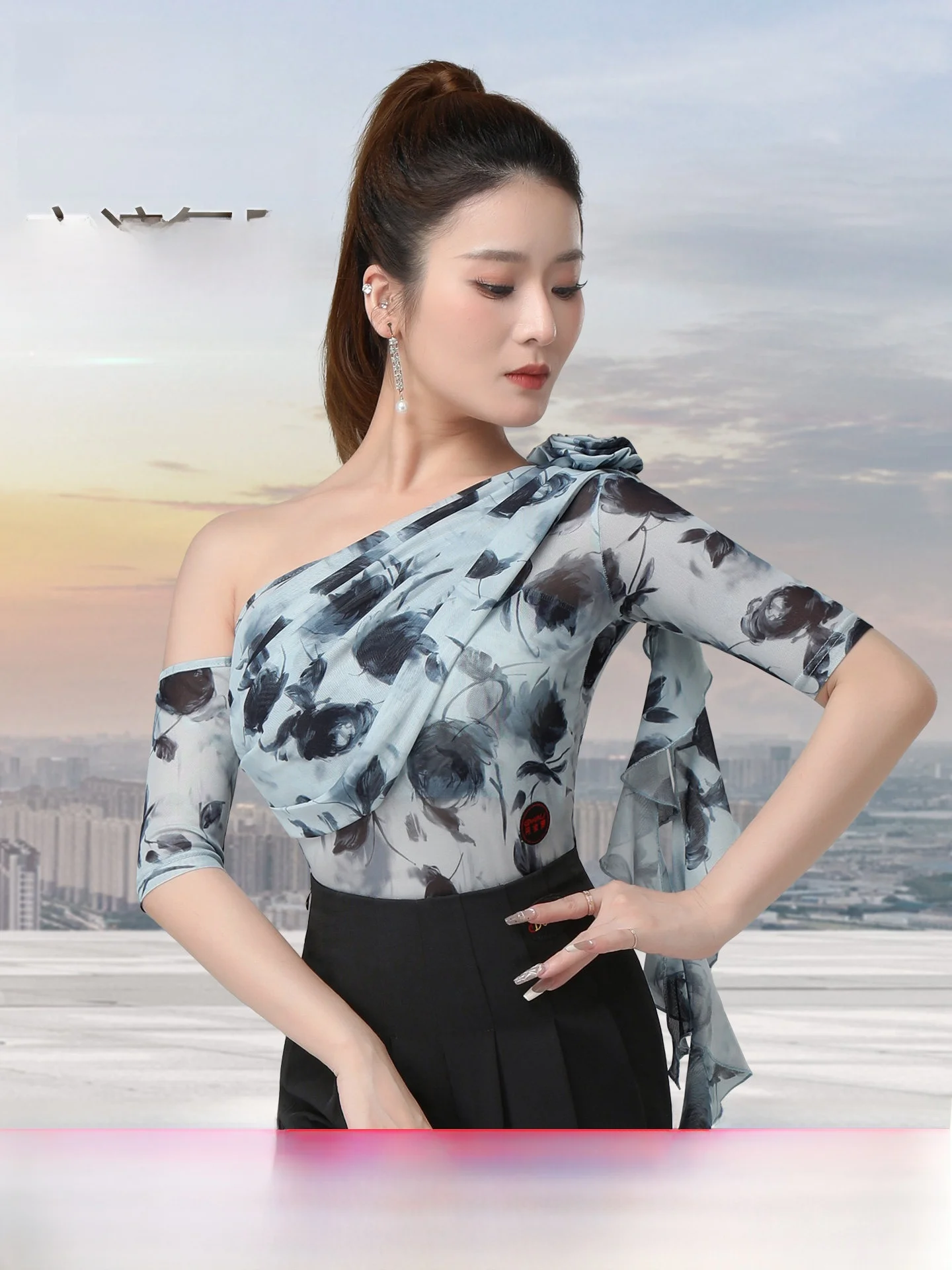 modern-dance-top-skirt-suit-dantao-standard-dance-mesh-shoulder-shift-one-piece-social-dance-gray-blue-floral-pattern