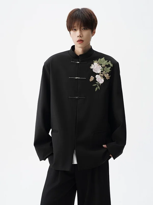 Nouveau chinois Sle brodé pivoine fleur col montant hommes costume de mariage Jaet dur et rigide décontracté Western manteau haut