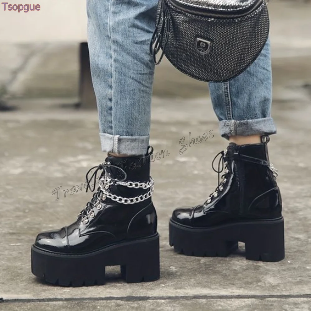 Black Lace up Chain Decor Boots Side Zipper Patent leather Ankle High Heel Shoes for Women Heels 2024 New Zapatos Para Mujere