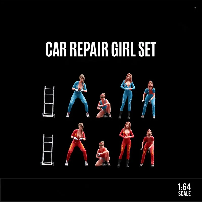 

1:64 Scale Model Miniature Resin 4Pcs Action Figure Car Vehicle Mechanic Theme Beauty Female Doll DIY Scene Accessory Display