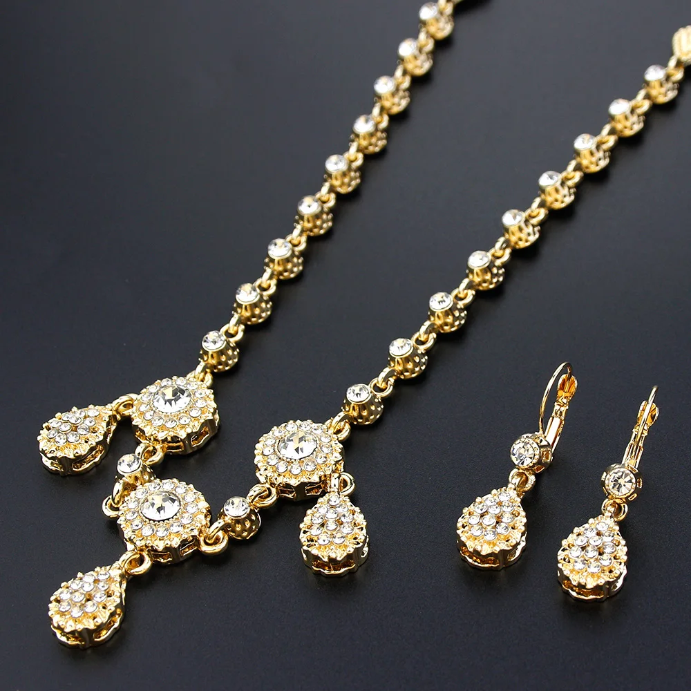 Sunspicems Gold Color Algeria Hair Chain Bride Wedding Jewelry Sets Crystal Head Chain for Women Forehead Chain Hair Jewelry