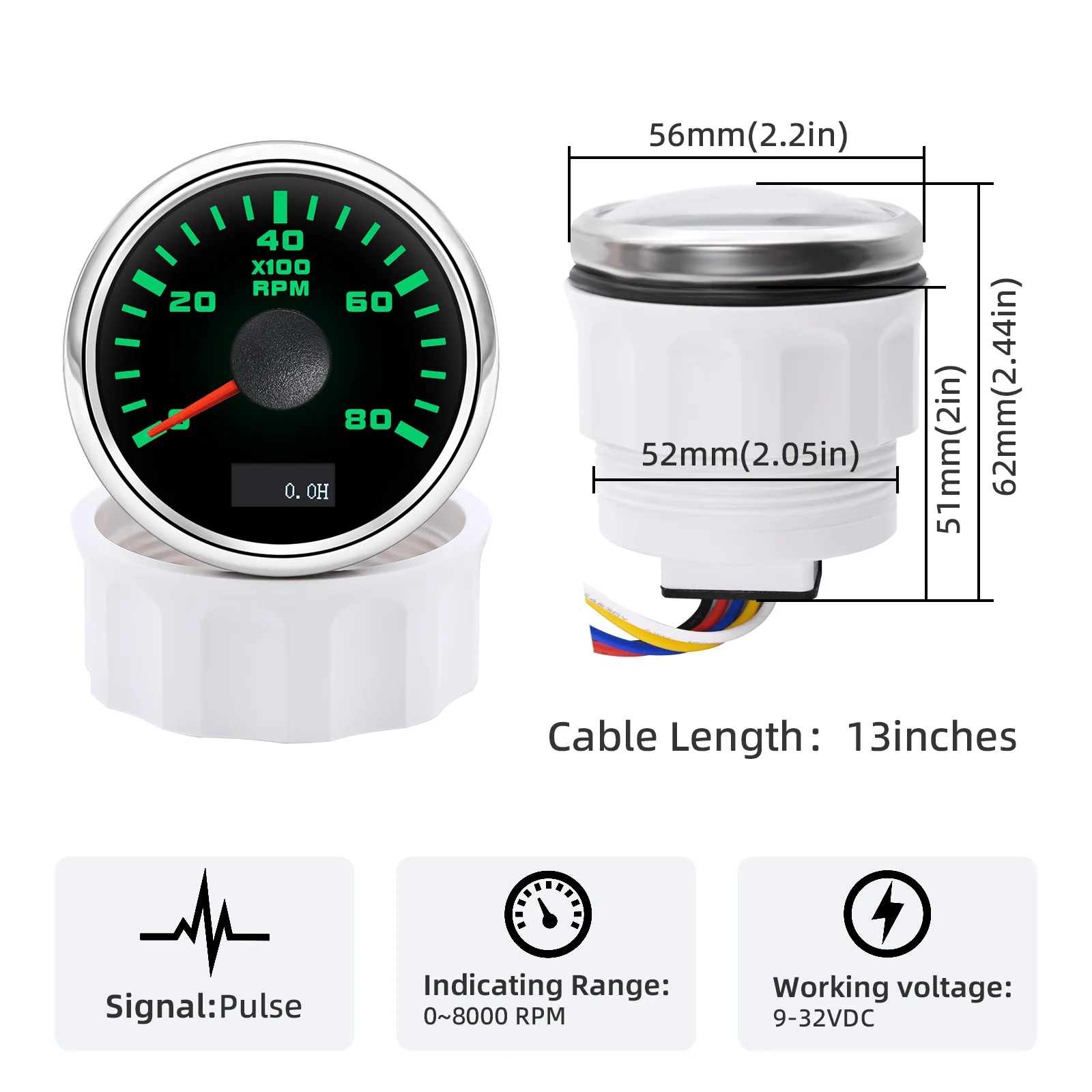 2 "52 مللي متر مقياس سرعة الدوران 7 ألوان الخلفية 3K-8K RPM Tacho مقياس الاستشعار ساعة متر ل العالمي البنزين الديزل سيارة قارب يخت