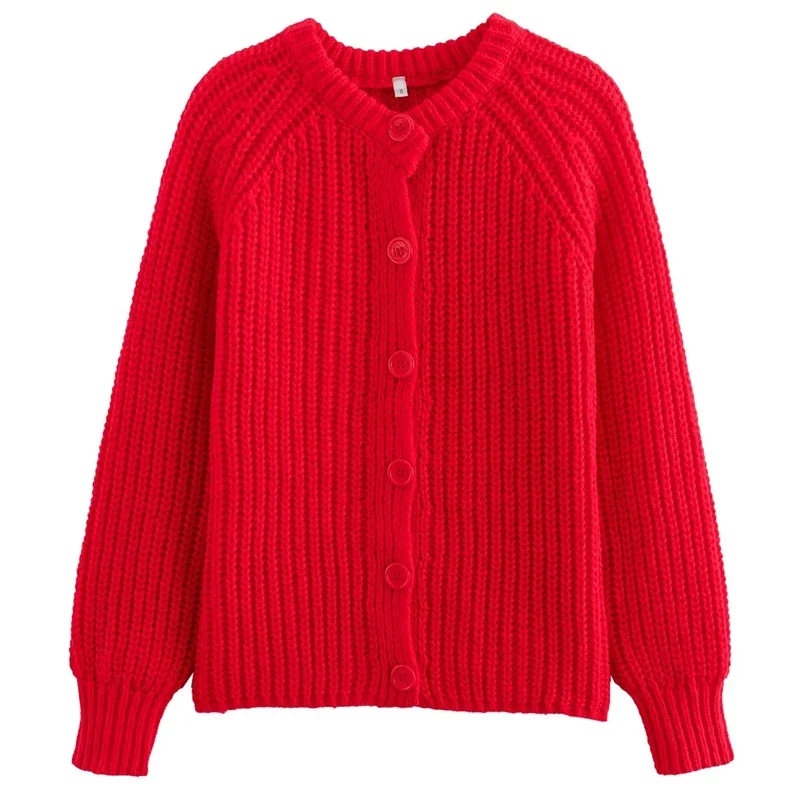 TRAF Women\'s Sweater Spring 2024 Red Knitted Cardigan Crop O-Neck Long Sleeve Tops Korean Style Coat Elegant Fashion Sweaters