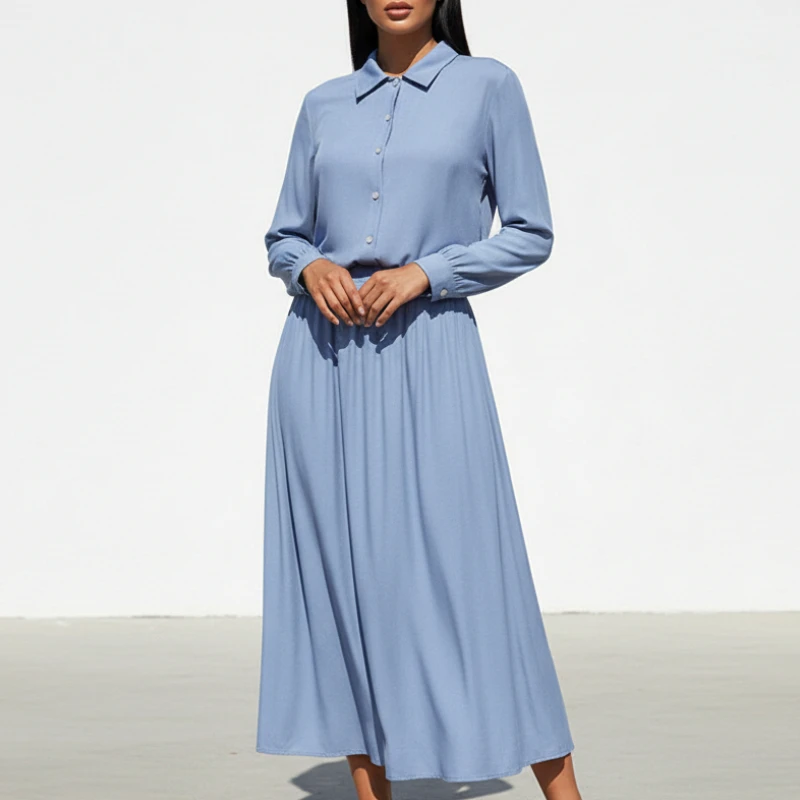 

Women's Minimalist Denim-Like Skirt Suits 2 Piece Sets Long Sleeve Shirts and A-Line Maxi Skirts 2pcs Sets ZANZEA Woman Outfits