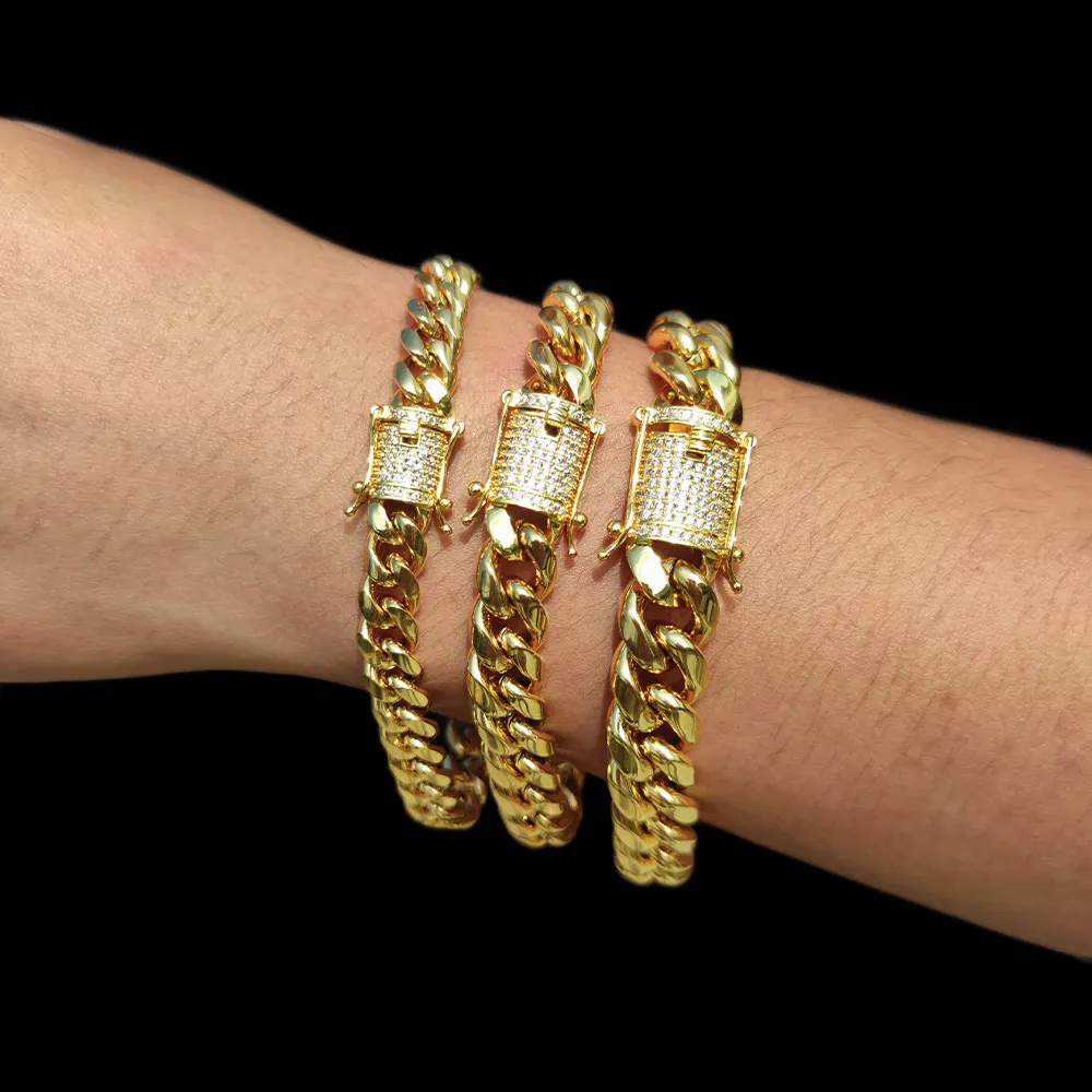 

Elegant Unisex Double Clasp Gold Plated 10mm Stainless Steel Cuban Chain Bracelet Women Gift