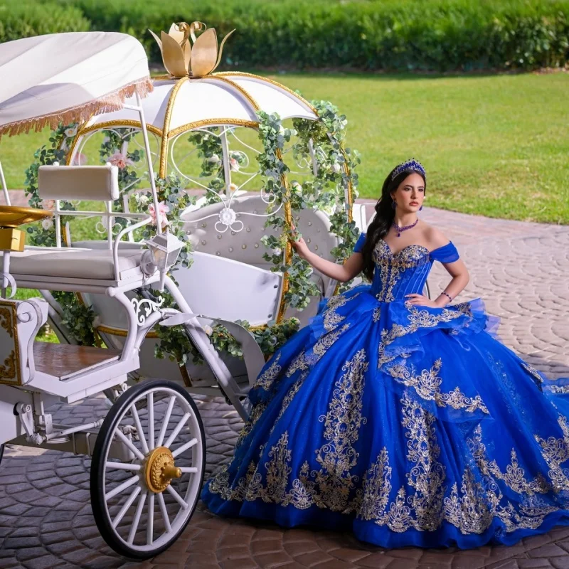 

Royal Blue Quinceanera Dresses Off the Shoulder Sequins Crystal Decal Layering Long tail Vestidoe 15 Quinceanera Customize