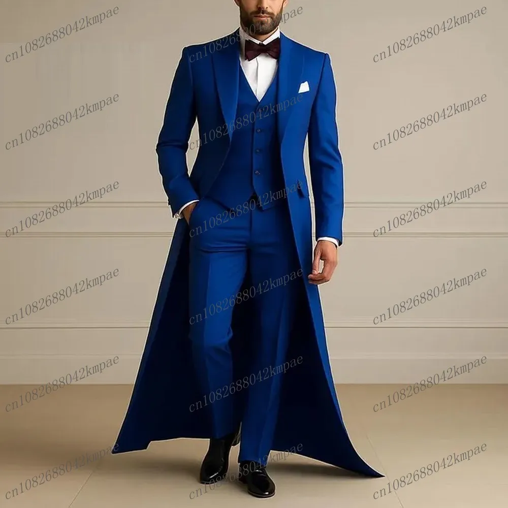 

Royal Blue Long Jacket Business Formal Men Suit Groom Groomsman Wedding Party Prom Male Tuxedos 3 Piece Set Blazer Vest Pants