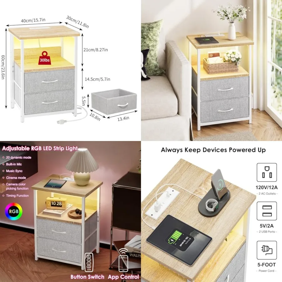 

Night Stand with Charging Station, LED Nightstand with U-S-B Ports and Outlets, 2 Fabric Storage Drawers with PU Finish, Small
