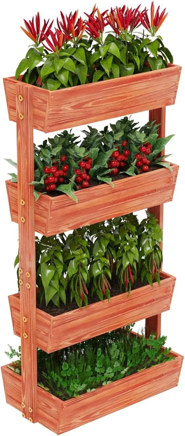 

4-Tier Wooden Vertical Ladder Raised Vegetable Planter Box Elevated Garden Bed 25.6â€ W X 55.5â€œ H Brown Farmhouse Wood