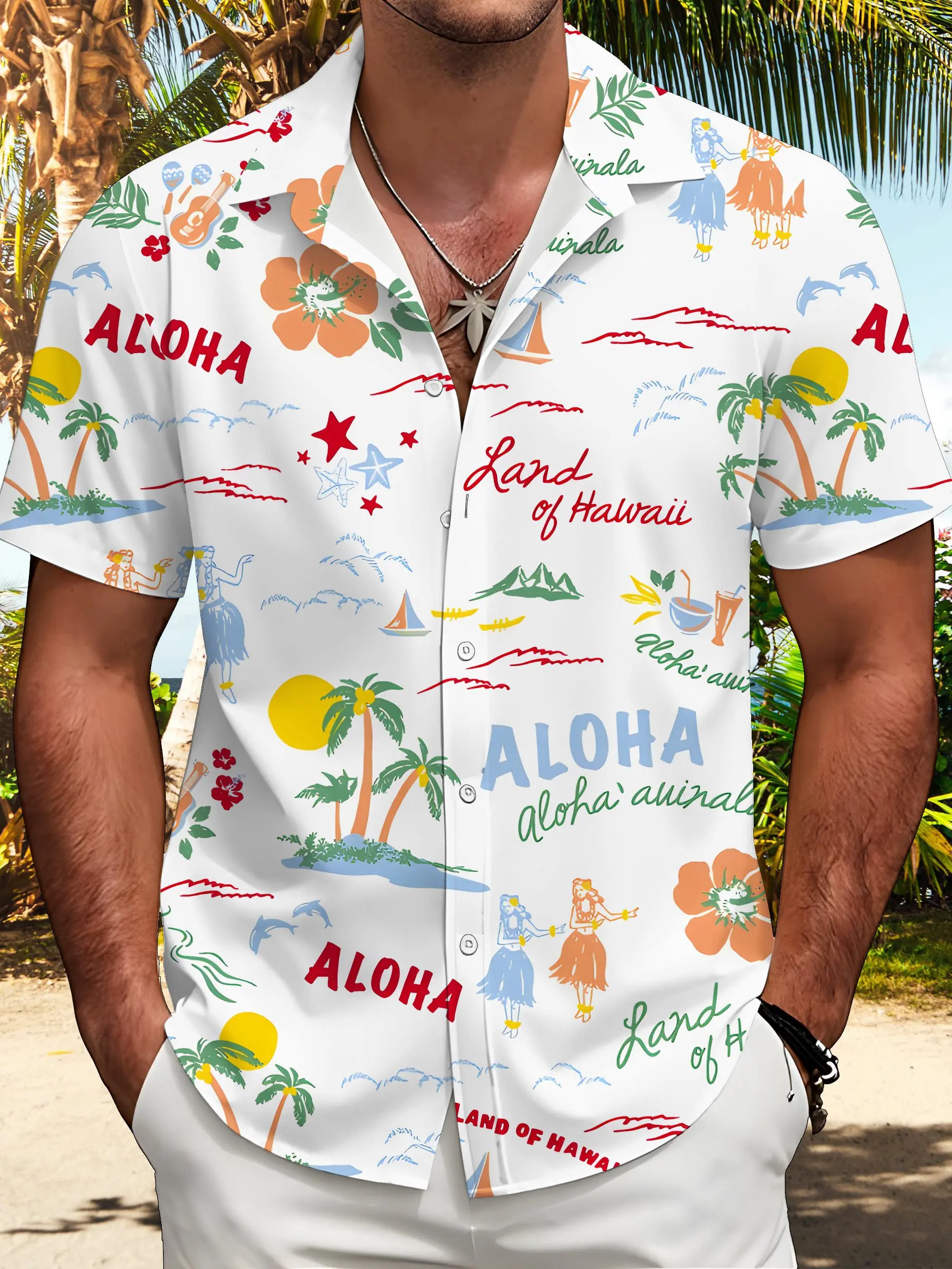 Men's Summer Aloha Hula Dancer Floral Print Hawaiian Shirt Lapel Short Sleeve Button Down Casual Vacation Beach Party Top