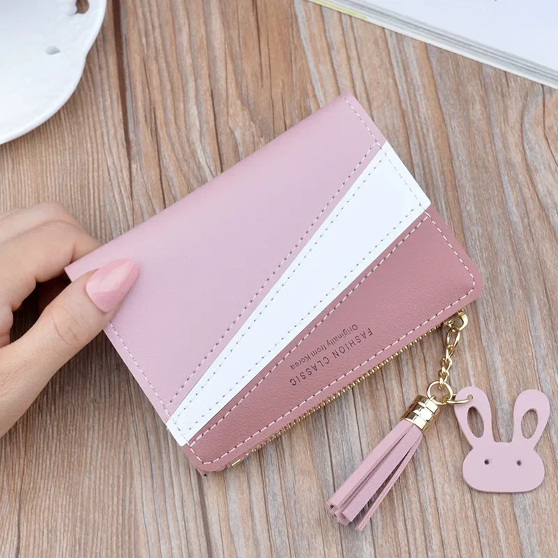 Women Wallet Patchwork Design Small Zipper Coin Purse Tassel Decoration Money Bag Simple Card Holder Contrast Color PU Leather