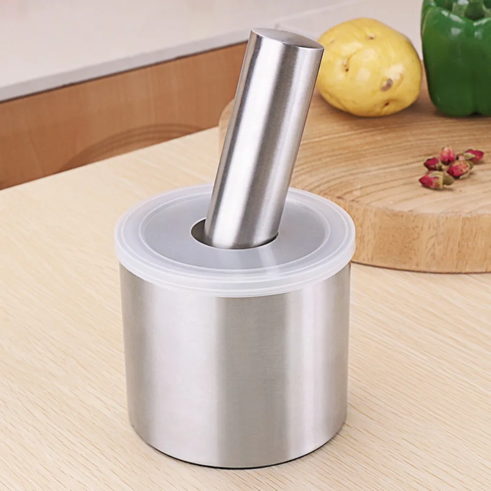 304 Stainless Steel Mortar and Pestle Set Rust Proof Manual Spices Grinder Household Splash-proof Lid Garlic Press Lemon