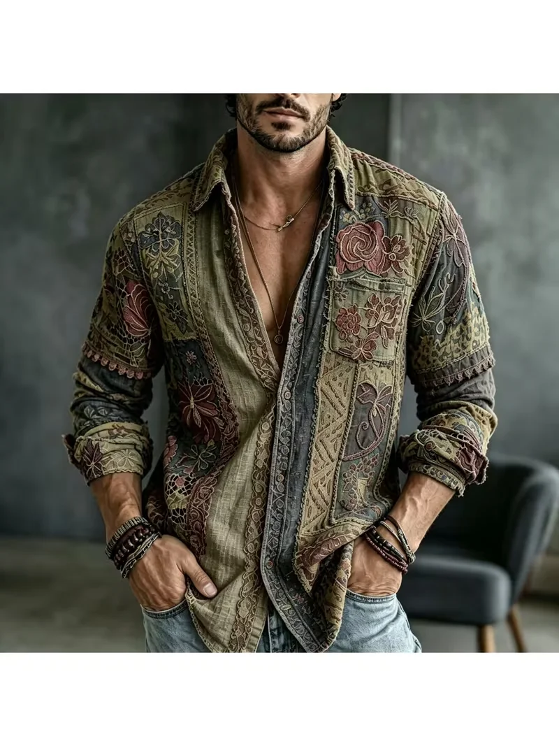 New Black Background Chinese Style Golden Dragon Peony Printed Shirt, New Chinese Retro Men's Long Sleeved Shirt