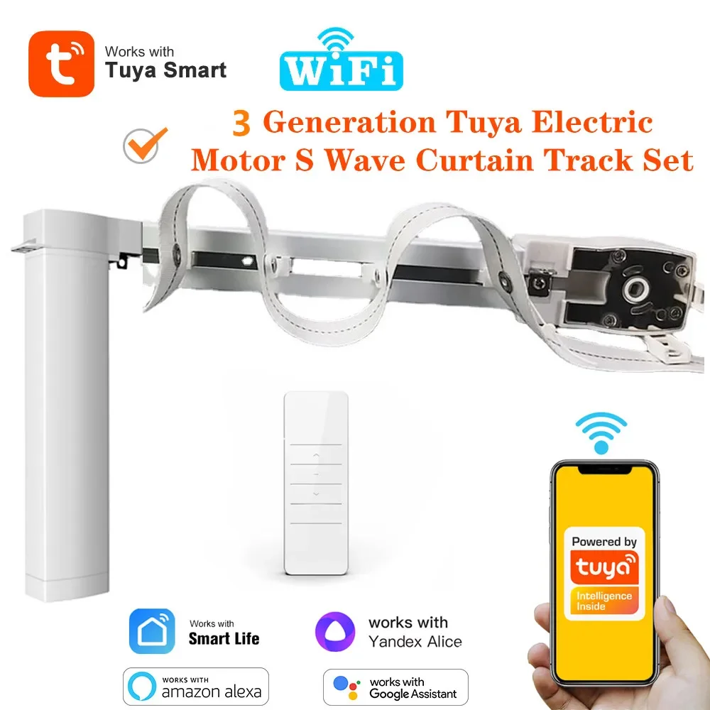 Tuya Wifi  S wave Custom Trackripple Electric Curtain Alexa Google Alice Voice Control Smart Home System Motor Rail