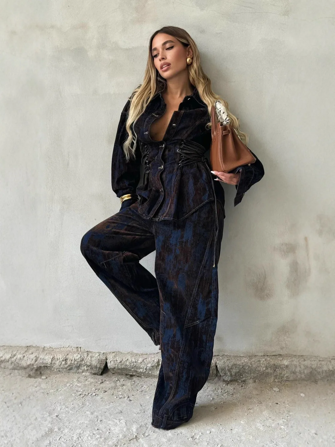 

Abstract Print Flocking Women's 2 Piece Set, Color Block Denim Jacket and Pants Outfit, 2025 Fall Streetwear with Tie Detail