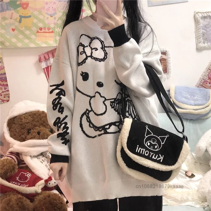 Sanrio Hello Kitty Cute Soft Y2k Girl Knitted Sweater Warm Thickened Round Neck Pullover Korean Style Trendy Versatile Sweet Top