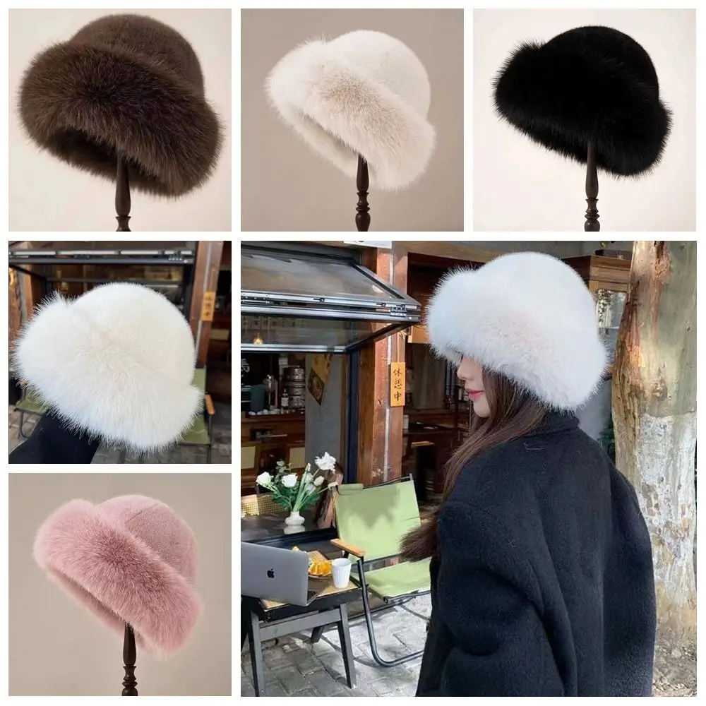 

Casual Warm Cap Faux Fur Mink Hat Bucket Hat Solid Color Plush Basin Cap Korean Style Solid Beanie Girls