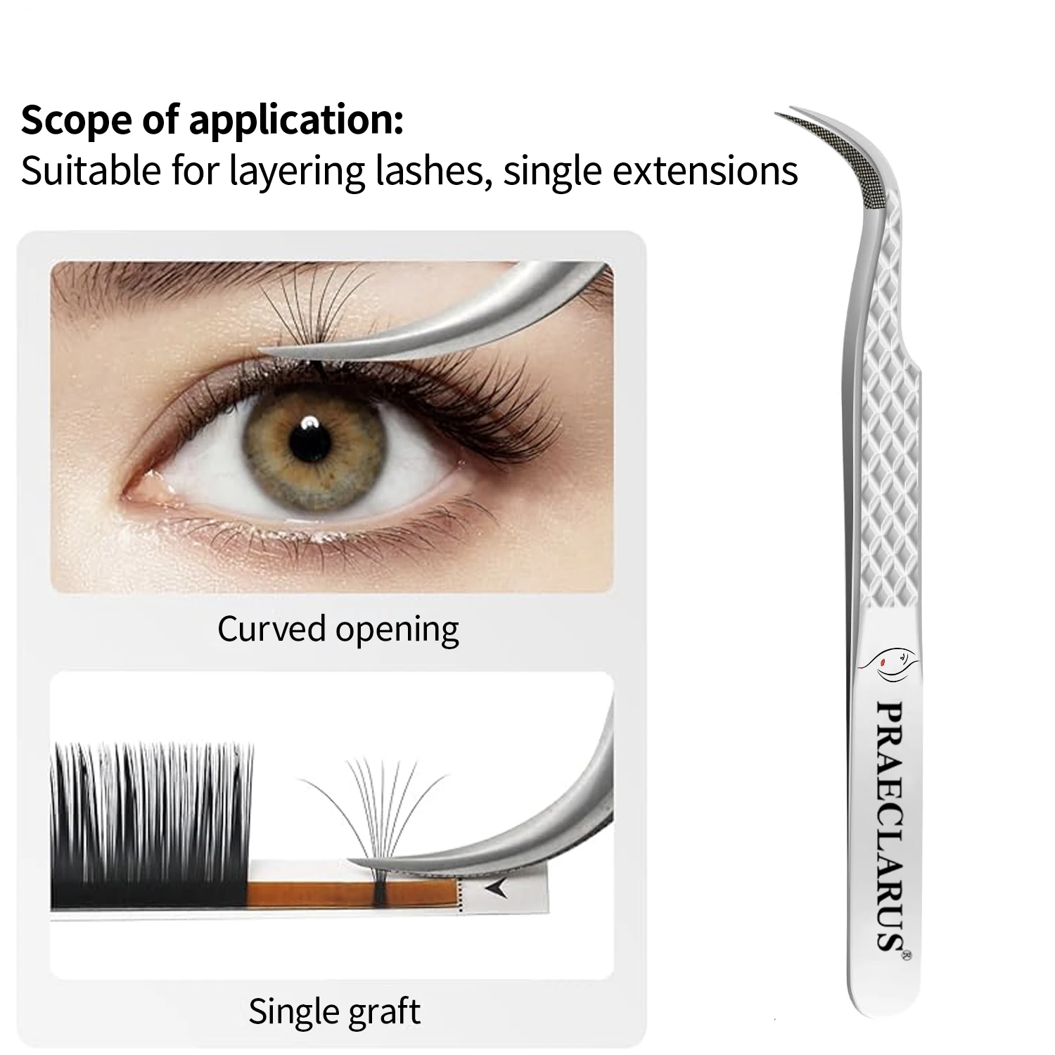 Pinzas de extensión de pestañas con puntas de fibra, pinzas plateadas de acero inoxidable de alta precisión para herramientas de maquillaje profesionales, 1 ud.