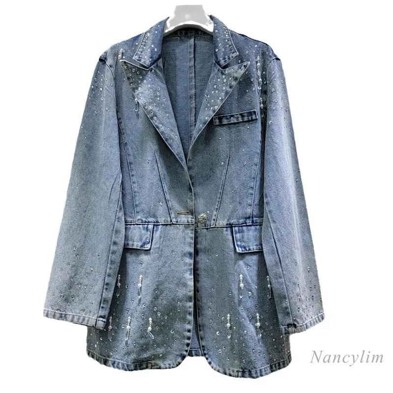 2024 Nieuwe Losse Blauwe Spijkerjas Dames Strass Retro Effen Kleur Pak Kraag Jean Jas Dames Street Top Kleding