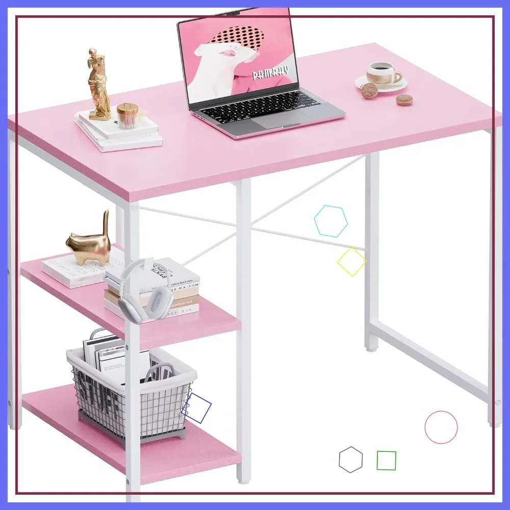 

32-дюймовый небольшой компьютерный стол с полками, стол для домашнего офиса с крючком для наушников для спальни, кабинета, письменный стол для ПК, розовый цвет