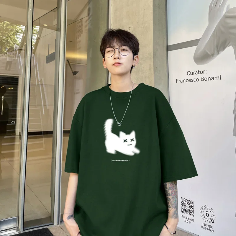 Men\'s Oversized T-shirts Cotton T Shirt White for Men Casual Summer Wear Cat Anime Print Fashion Tee Shirts Men Clothing