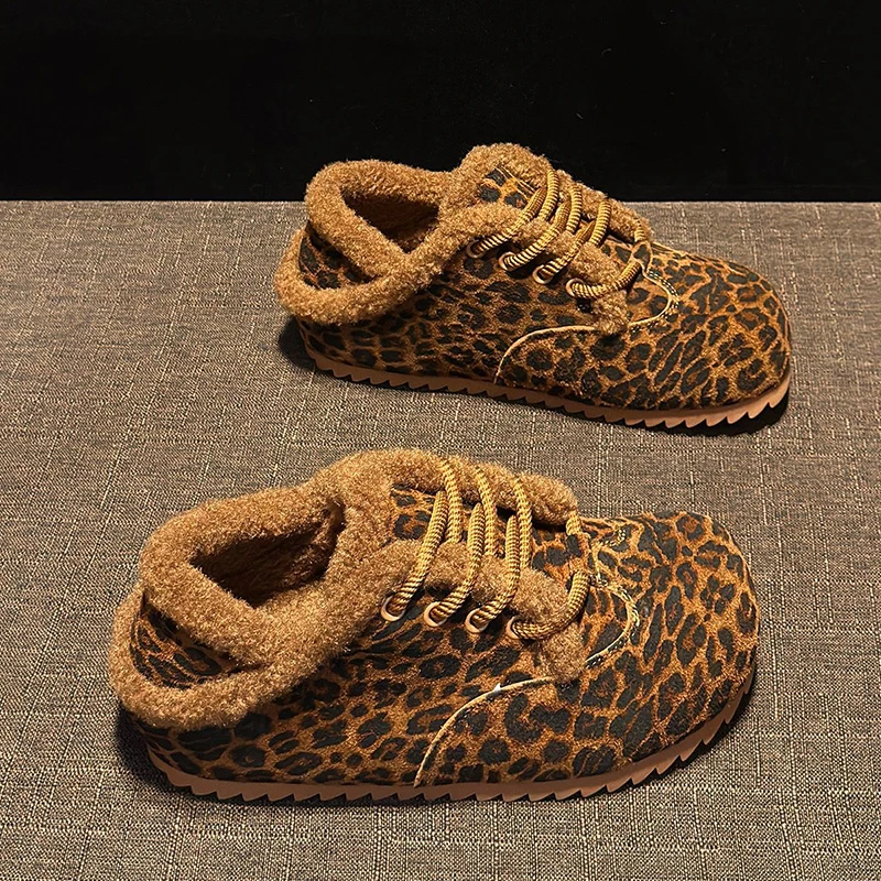 Luxury Genuine Leather Suede Fur Boots Fashion Leopard Print Plush Woman Casual Shoes Wool Keep Warm Winter Snow Boots