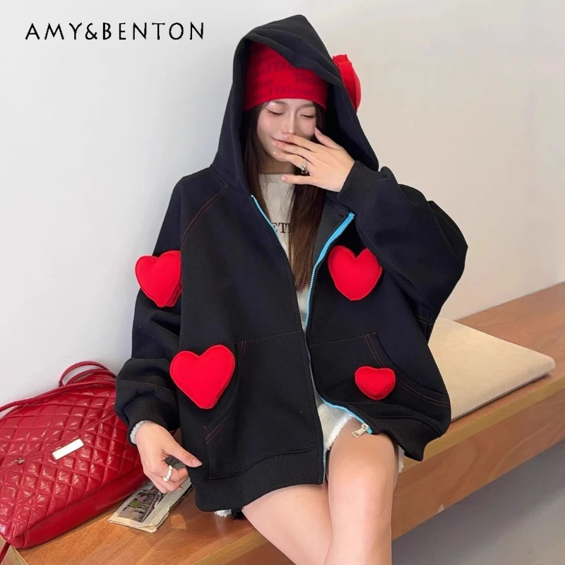 

3D Heart Loose Hoodie For Women's Autumn 2025 New Hot-Selling Zipper Cardigan 2025 Autumn Long-sleeves Top Sudaderas De Mujer