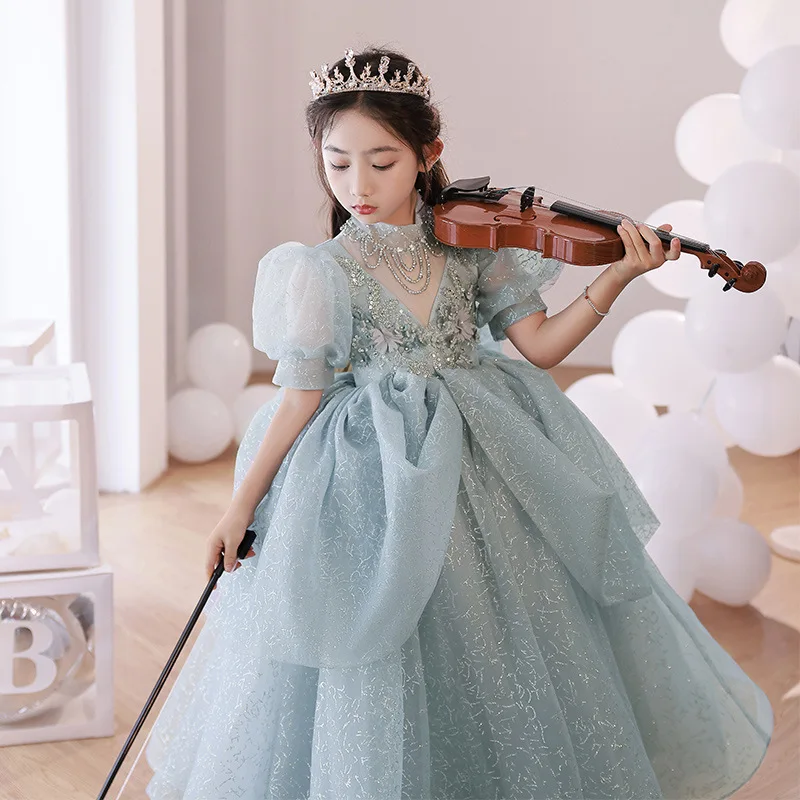 2023 Prom Dress for Elegant Girl Infant Luxury Sequined Maxi Ball Gown Kids Piano Performance Costumes Children Girls Partywear