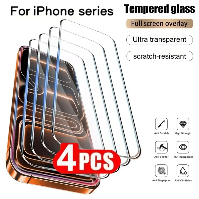 4er-Pack HD-Displayschutzfolie aus gehärtetem Glas mit vollständiger Abdeckung für iPhone 17 16 15 14 Pro Max 16e Air 13 12 11 Pro Mini XR XS Max Glas