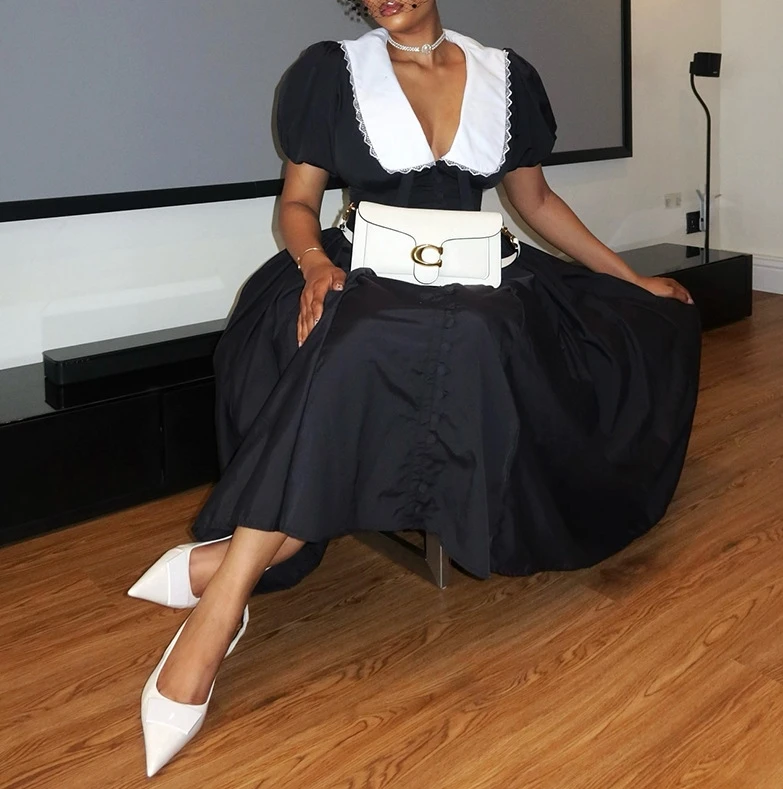 Franse damesjurk temperament woon-werkverkeer revers V-hals kant bubble korte mouwen slim fit hoge taille button-up shirt lange jurk