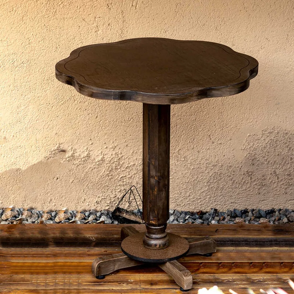 Mesa Retro de madera maciza para balcón, silla con respaldo plegable para interiores y exteriores, pequeño apartamento, café redondo