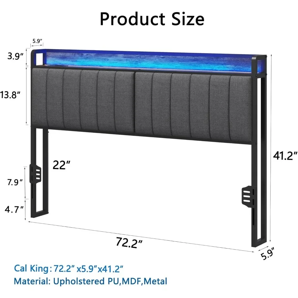 Headboard with LED Lights & Charging Station, USB & Type C Port, Linen Upholstery, Headboard Only, Height Adjustable
