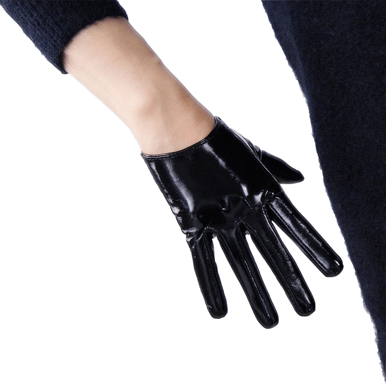 

Shine Black LATEX GLOVES Faux Patent Leather PU 6" 16cm Short Evening Opera Cosplay Halloween Custome Fashion Dressing