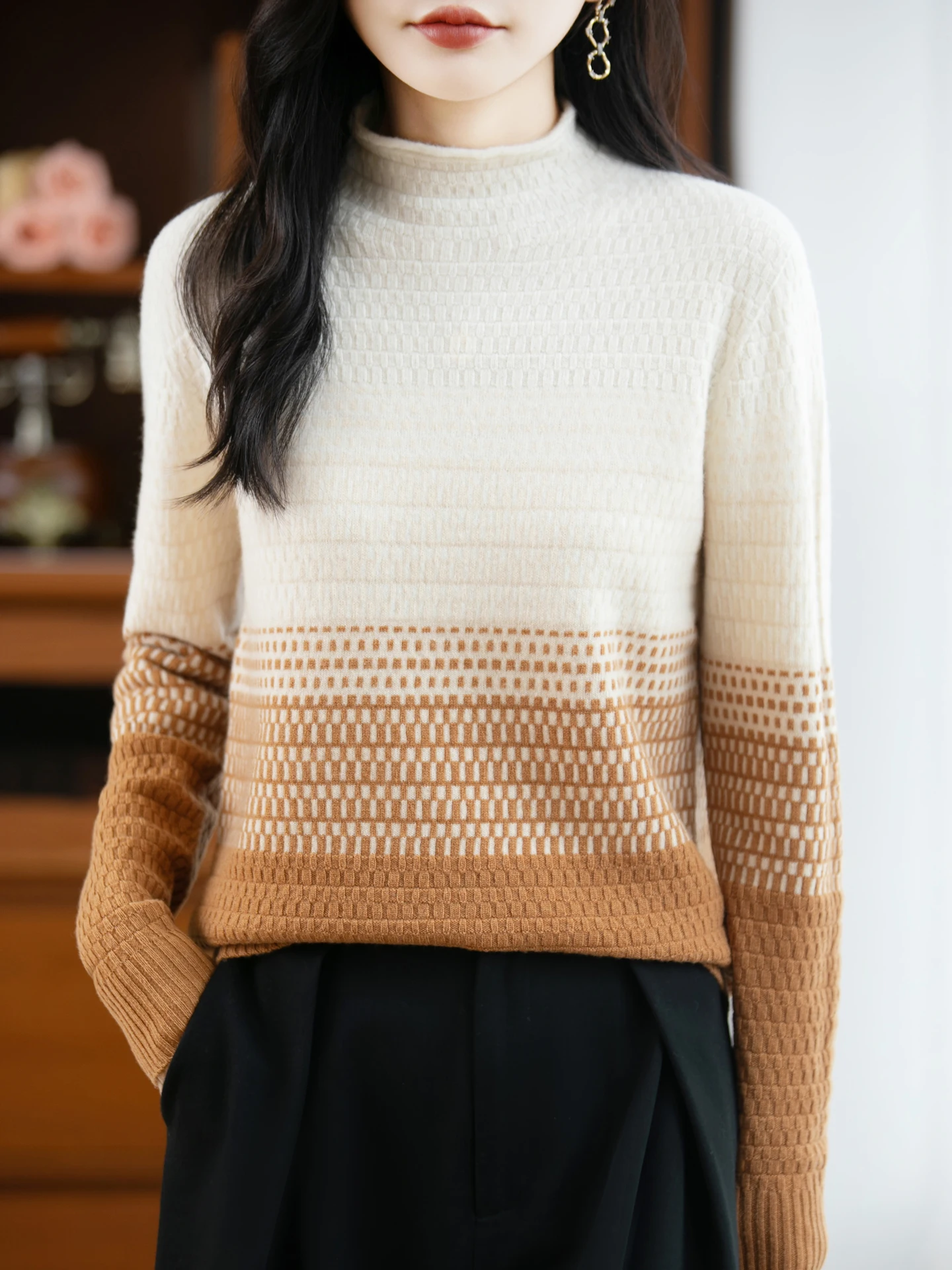 

Women's One Piece Knitted Waffle Gradient Color Block 100% Merino Wool Autumn Winter Sweater Warm Thickened Mock Neck Clothing