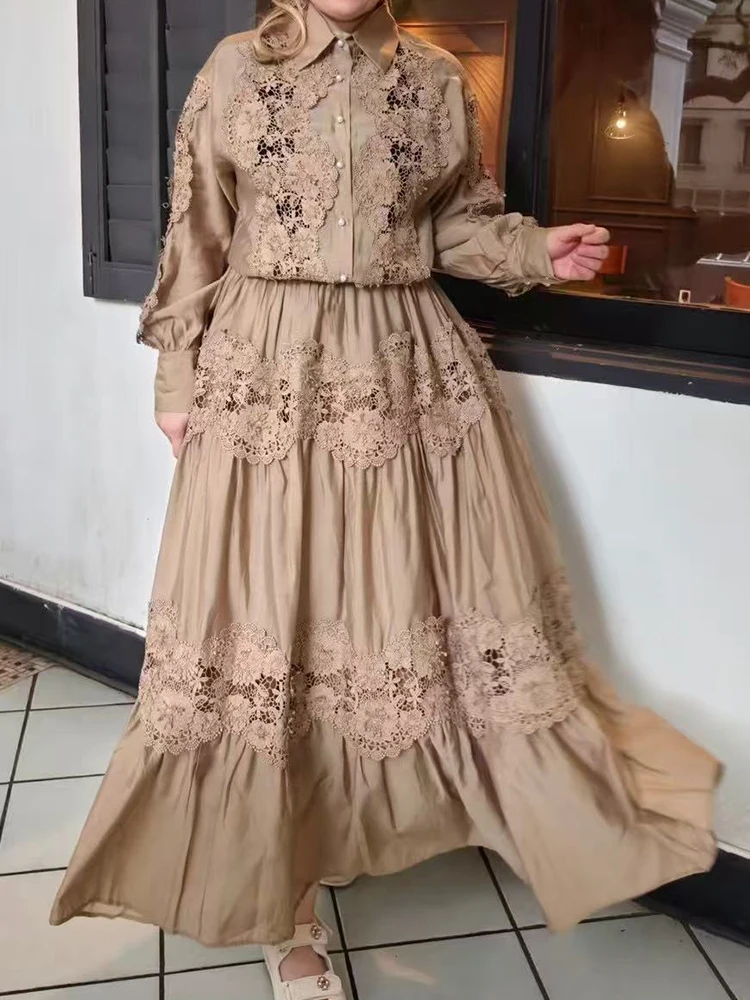 

Elegant stitching lace single-breasted long-sleeved shirt high waist A-shaped skirt spring new two-piece fashion women's suit