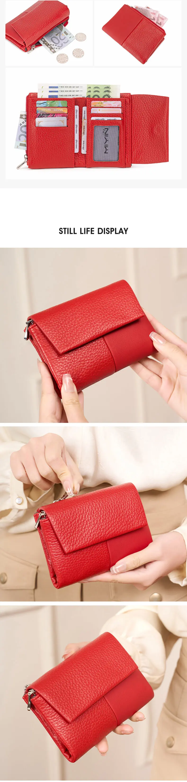 RFID-geschützte Damen-Geldbörse, stilvolle zweifach faltbare Geldbörse mit großer Kapazität, Kreditkartenhalter, Münzbörse, Doppelreißverschluss, Damen-Handtasche – Detail 3