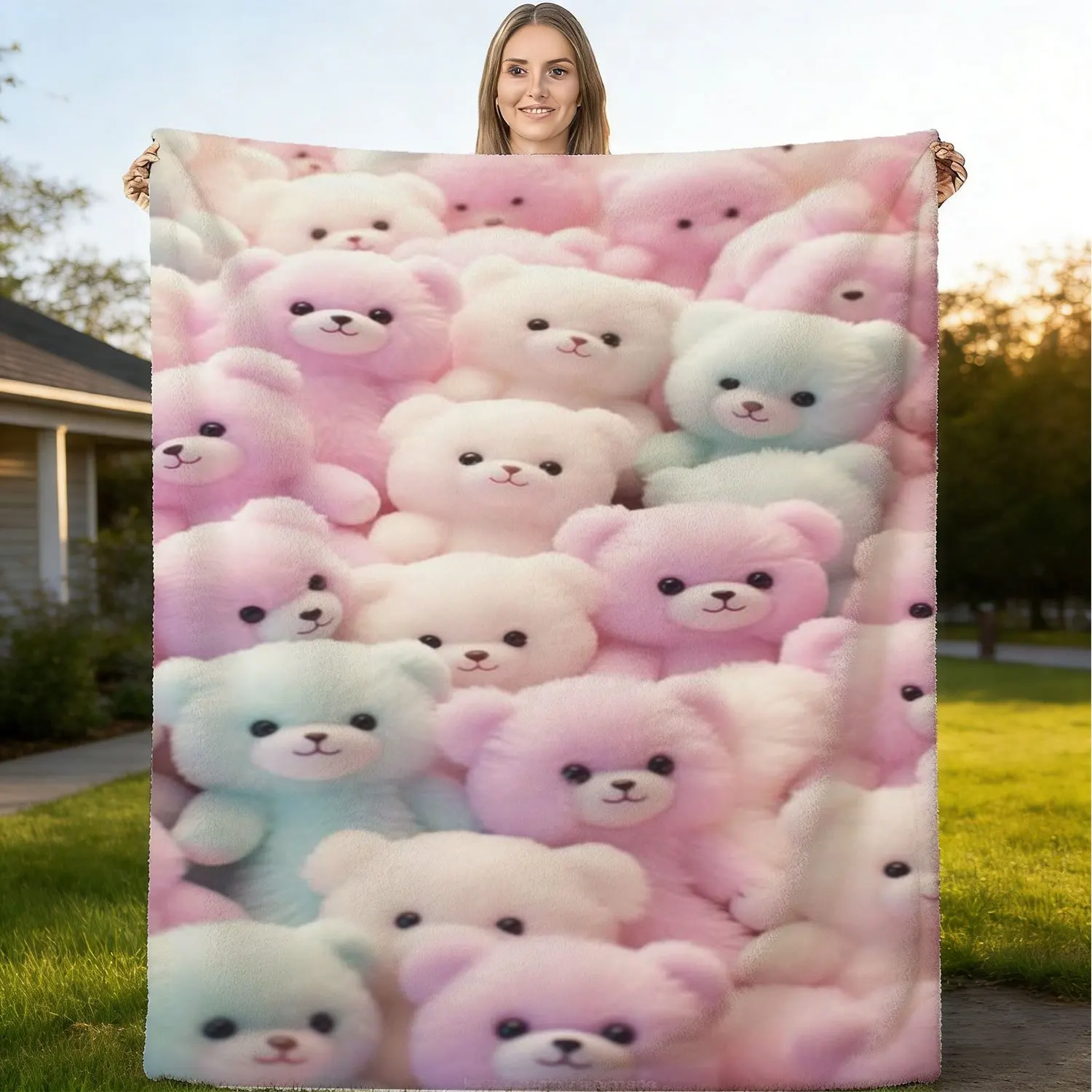 Newest Pink Floral Multiple Kitten Portrait Flannel Throw Blanket, Soft Cat Lover Blanket for Living Room Sofa Decor