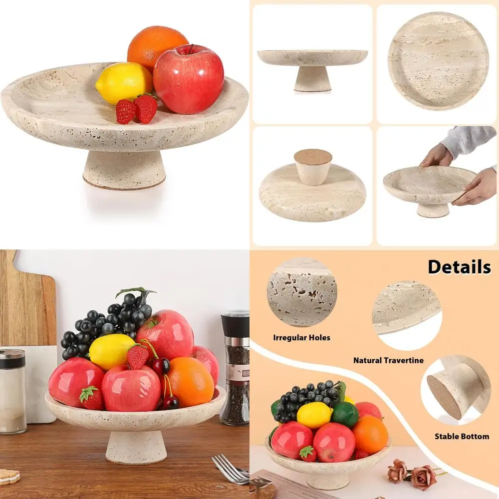 Grand bol à fruits en travertin naturel de 10 pouces, bol de comptoir de cuisine en pierre décorative pour fruits et usage décoratif