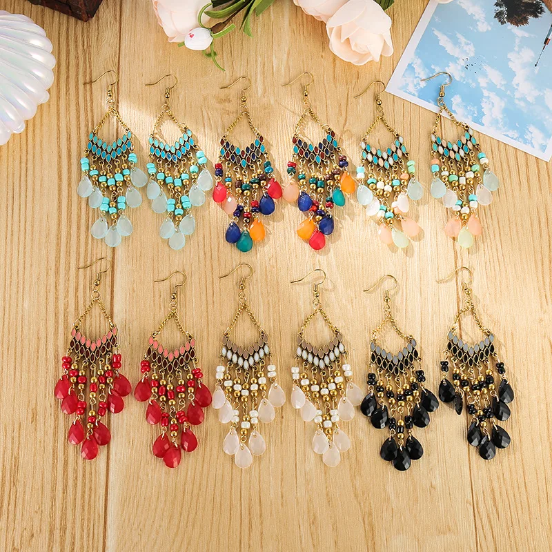 Ohrringe im ethnischen Stil mit Wassertropfen-Motiv für Damen, böhmische Perlen-Ohrringe mit Quasten, Retro-Schmuck für Mädchen, geeignet für den täglichen Gebrauch und für Partys. – Detail 12