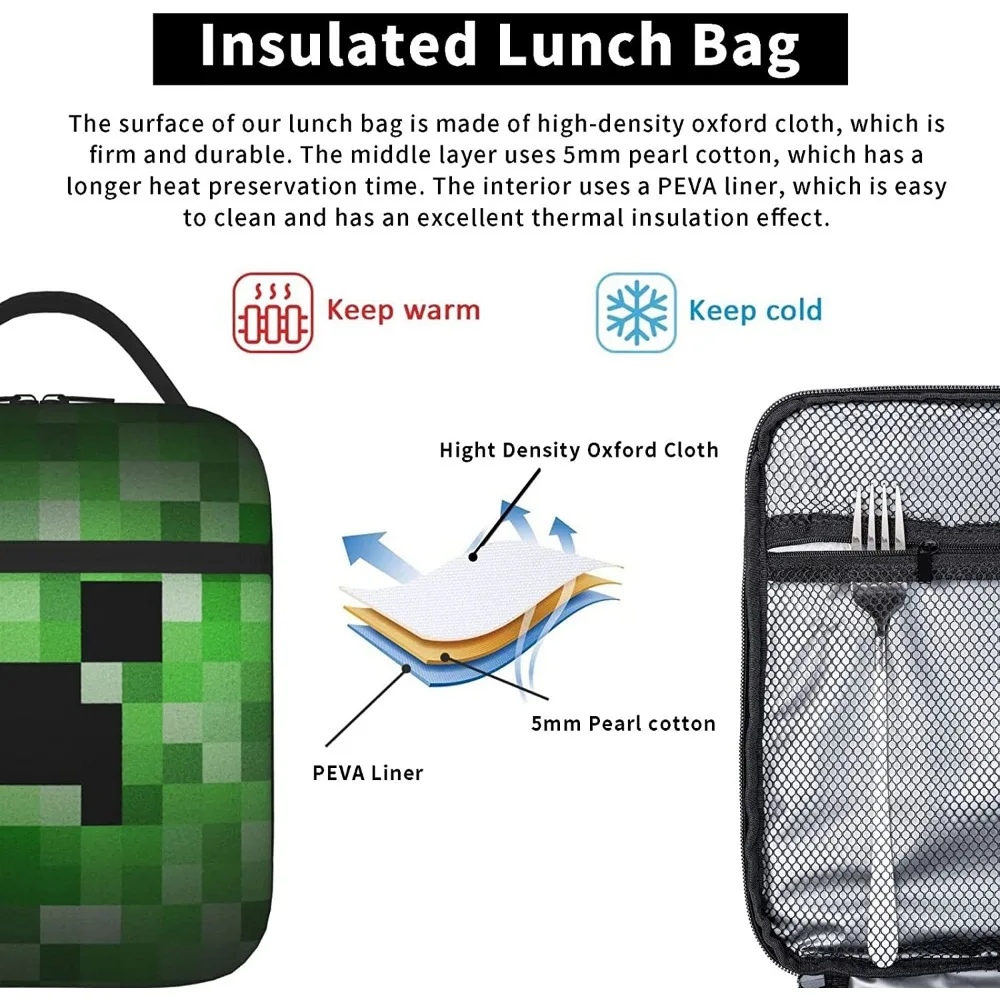 Pixel Game Lunch Box for Men Women Adults Kids Small Lunch Bag for Office Work Reusable Portable Lunchbox Lunch Bag One Size