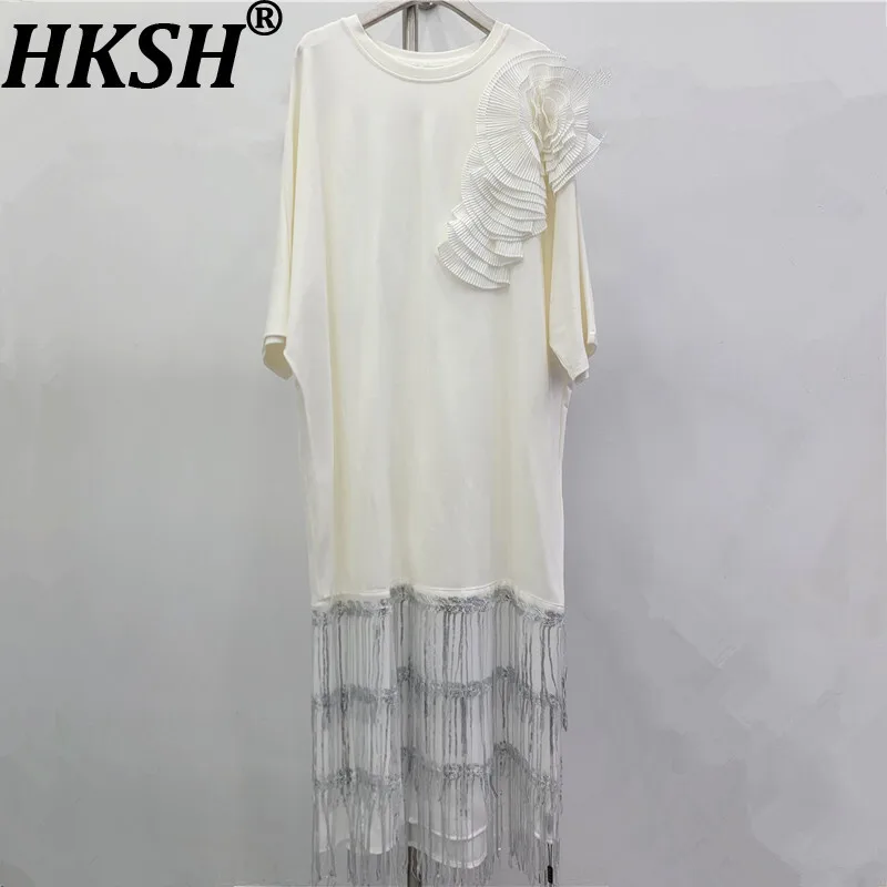 HKSH 春夏新作 レディース ワンピース Oネック 半袖 立体フリル スパンコール タッセル シック オーバーサイズ ワンピース HK16777