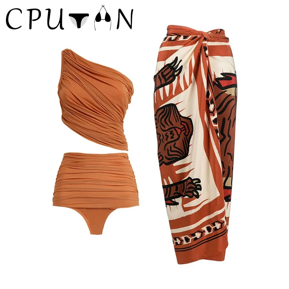 CPUTAN 2024 Sexy One Shoulder Swimwear 3 Pieces Swimsuit Skirt Bikini Set Women Brazilian Vintage Beach Girls Bathing Suit Dress