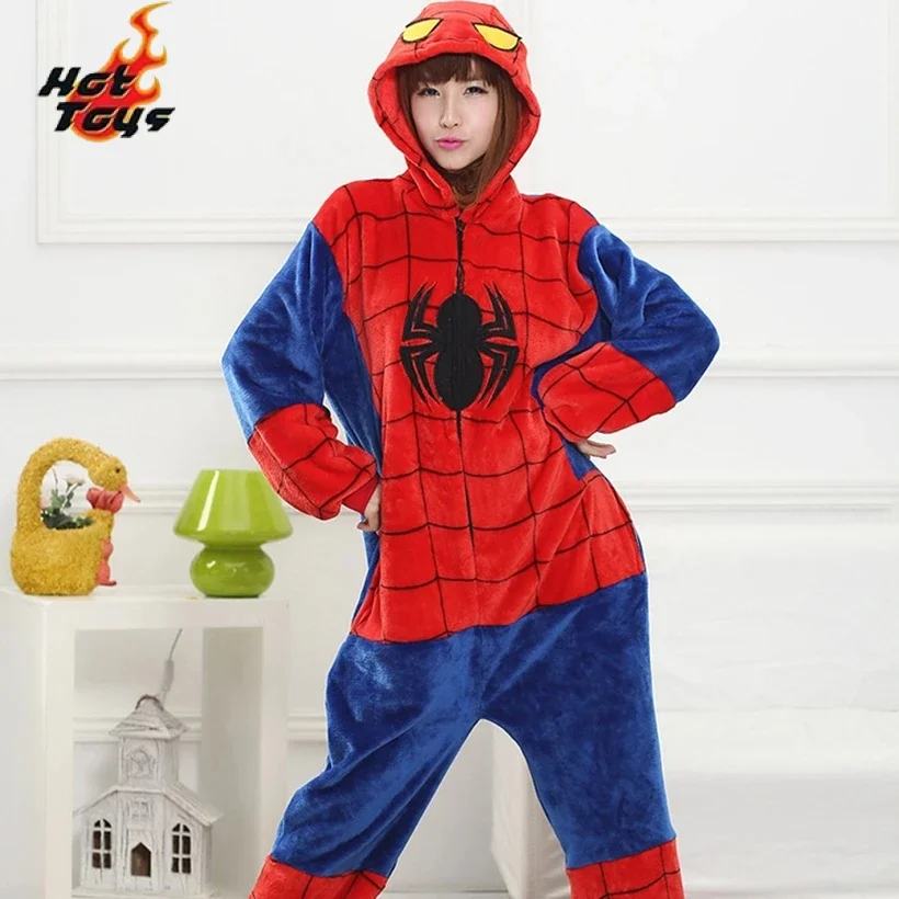 Spider Man Costume Pajamas Adult Spiderman Cosplay Costume Nightgown Home Flanne Hooded Sleepwear Jumpsuit Pajamas for Women Men