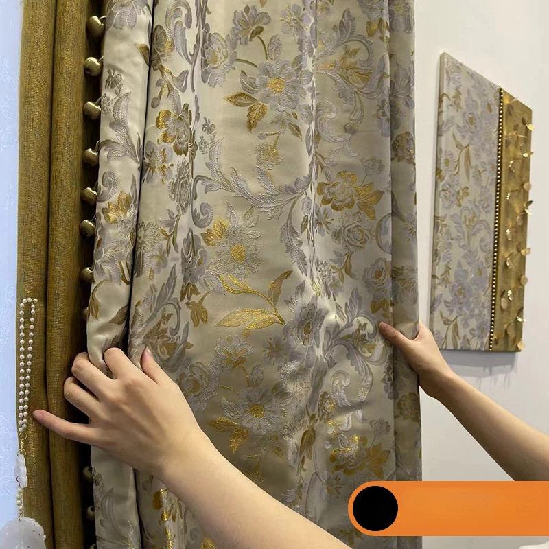 Customized Flower Relief Jacquard Champagne Gold Mosaic Thickened Curtains for Living Room Bedroom French Window Balcony